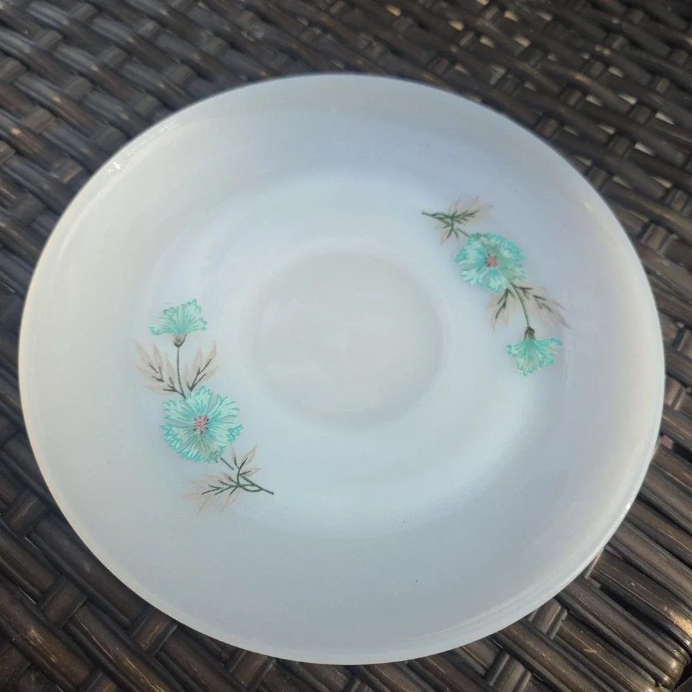 Vintage Fire King Bonnie Blue Carnation Flowers Saucers Milk Glass